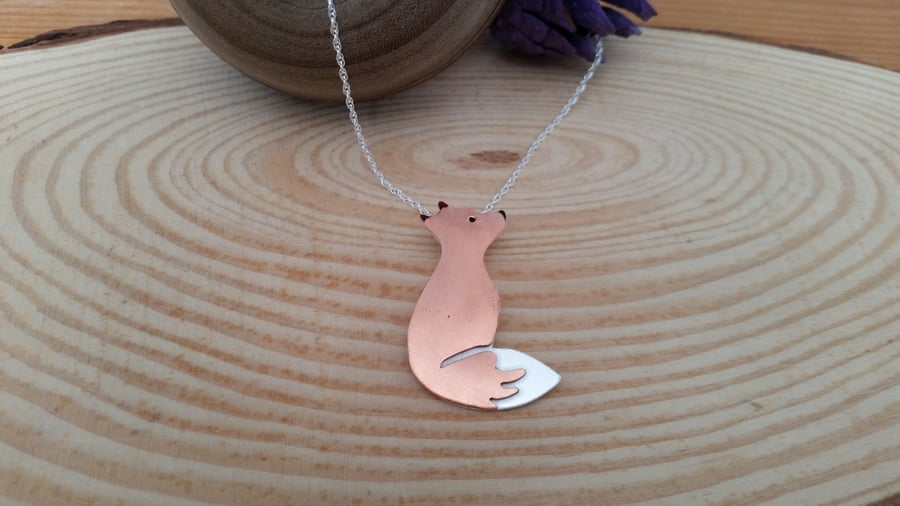 Sterling Silver and Copper Gazing Fox Necklace