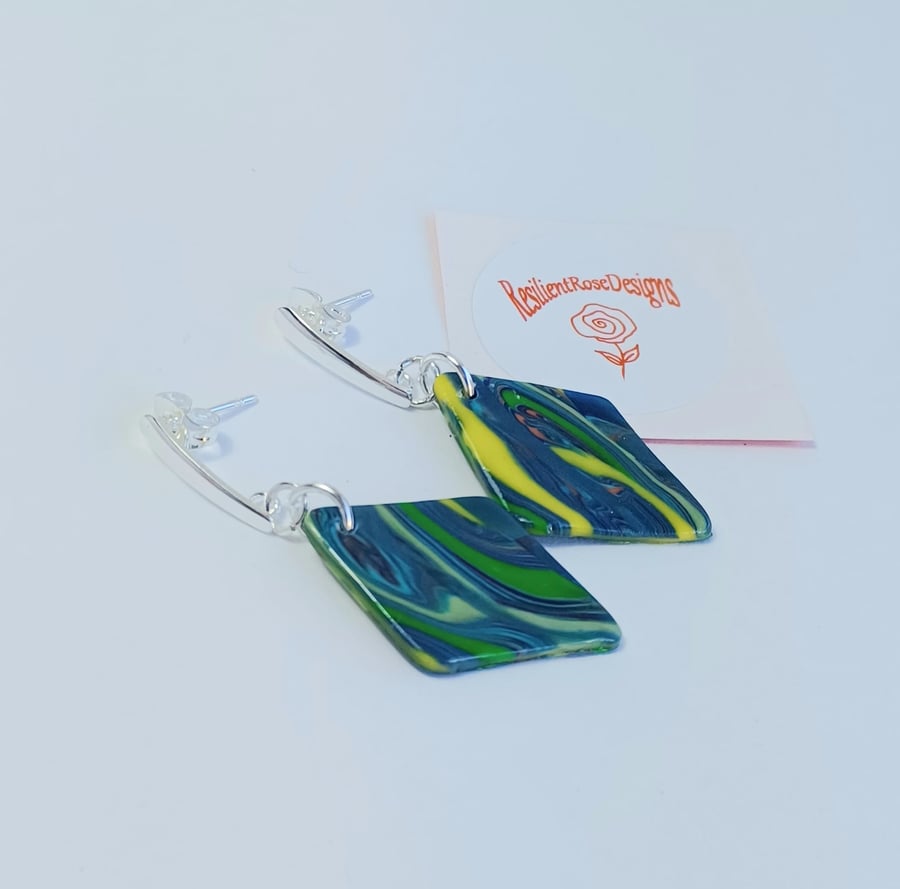 Blue, green and yellow marble effect unique diamond dangle earrings    