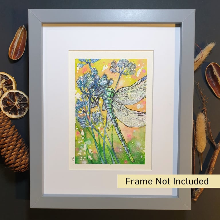 Dragonfly with blue flowers, original mixed media painting, insect artwork