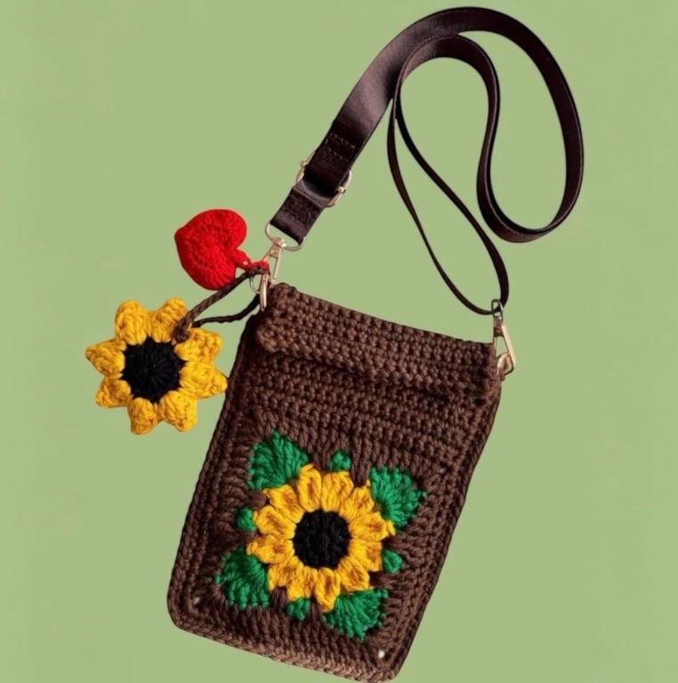 Sunflower small cross body crochet bag. With charms sunflower, heart. Brown.