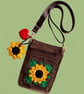 Sunflower small cross body crochet bag. With charms sunflower, heart. Brown.