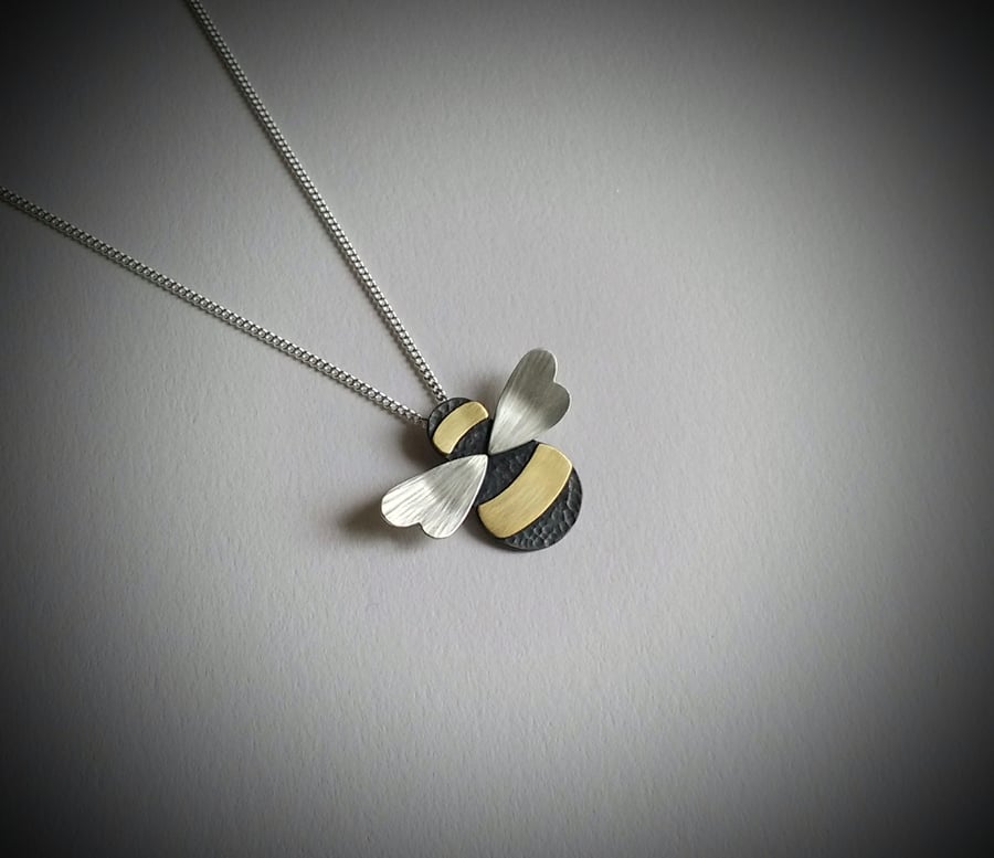 Bumble Bee Pendant, Ox Copper with Brass Stripes & Silver Wings, Silver Chain