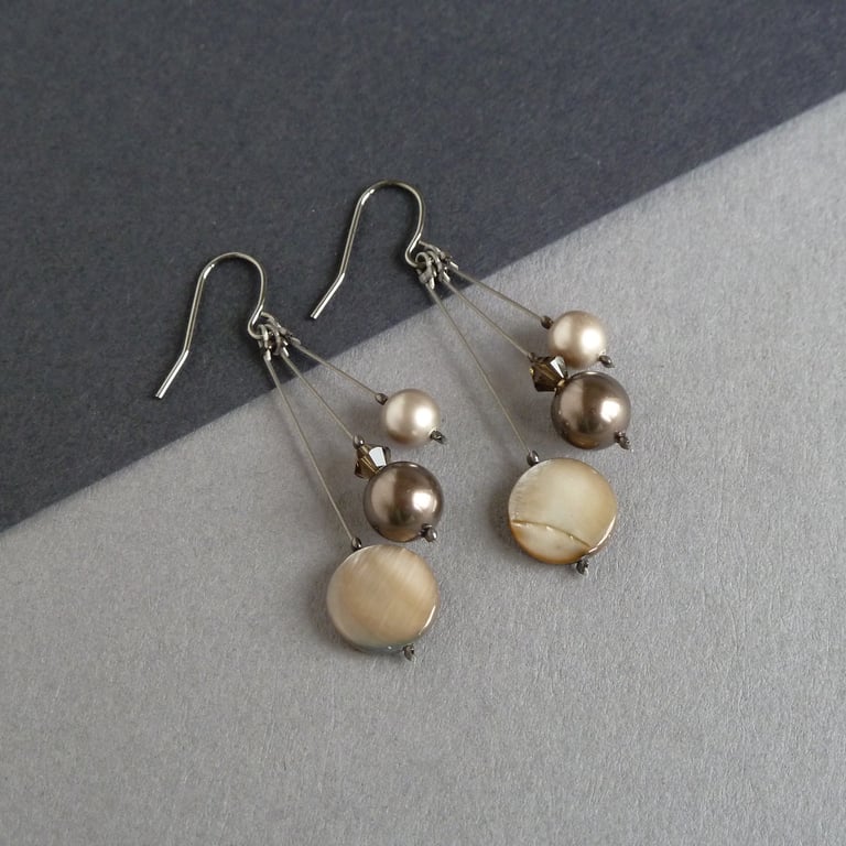 Chocolate Pearl Drop Earrings - Soft Brown Three Strand Dangle Earrings - Gifts