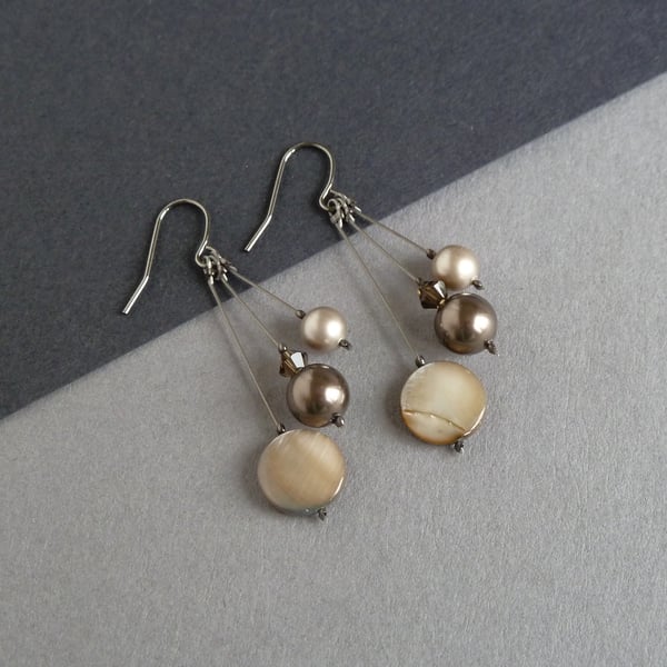 Chocolate Pearl Drop Earrings - Soft Brown Three Strand Dangle Earrings - Gifts