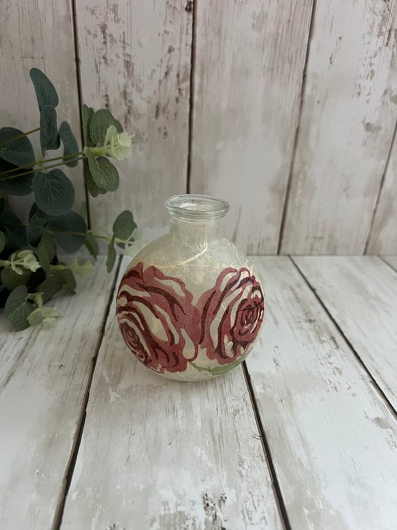 Decoupage Glass Bud Vase: Emma Bridgewater Inspired Pink Rose, Home Decor