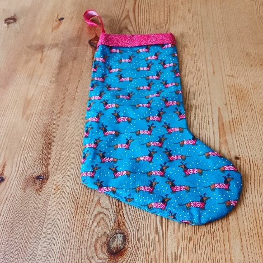Red and teal dachshund Christmas Stocking