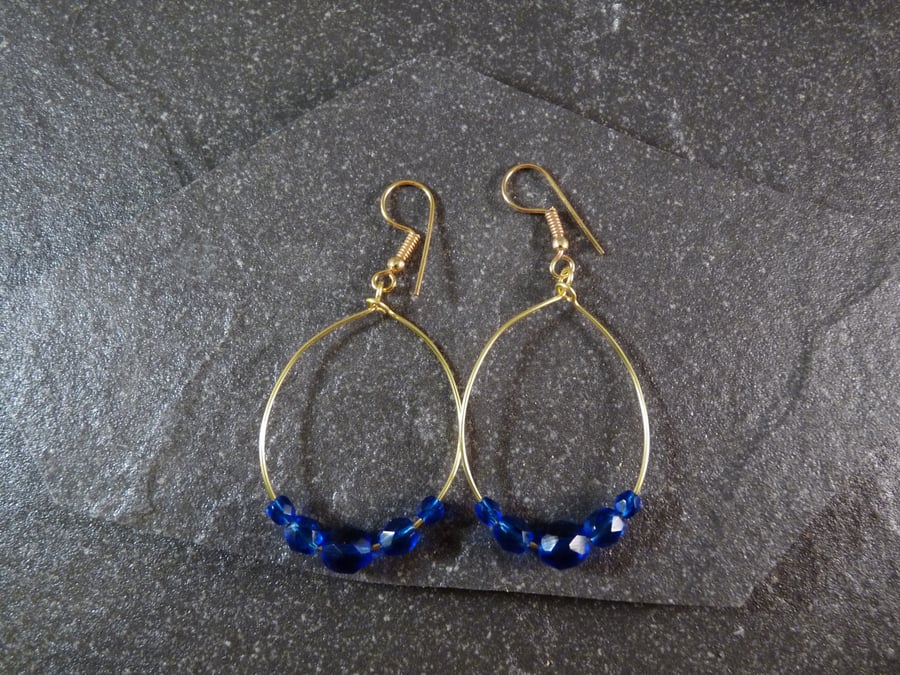 Large Hoop Earrings - Sapphire Blue Faceted Glass - 40mm - Gold Colour