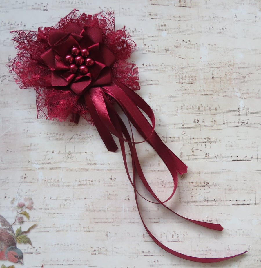 Regency Ribbons - Burgundy Lace Satin Pearl Clip In Ruffle with Ribbon Trails