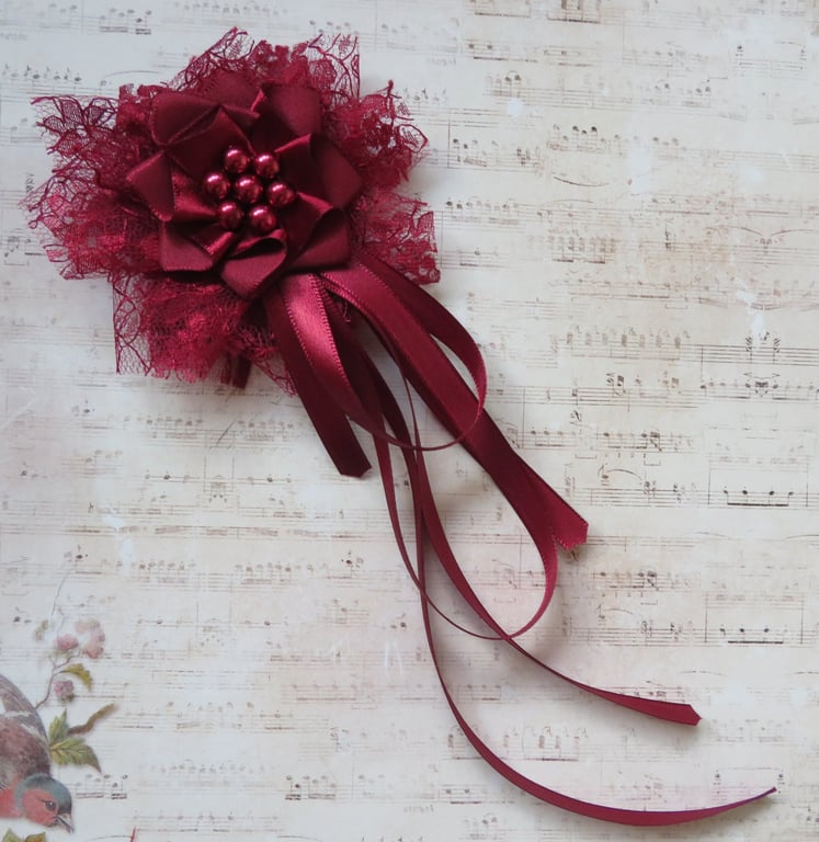 Regency Ribbons - Burgundy Lace Satin Pearl Clip In Ruffle with Ribbon Trails