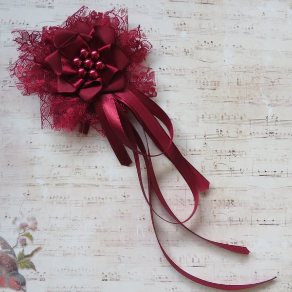 Regency Ribbons - Burgundy Lace Satin Pearl Clip In Ruffle with Ribbon Trails