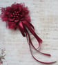 Regency Ribbons - Burgundy Lace Satin Pearl Clip In Ruffle with Ribbon Trails