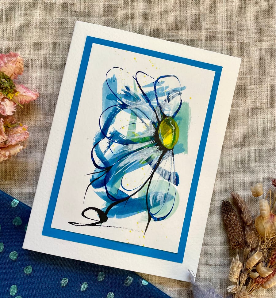 Hand painted blank card, floral abstract original art card, watercolour and ink.