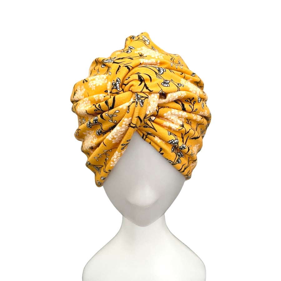 Yellow floral cotton turban twist hat for women retro vintage style