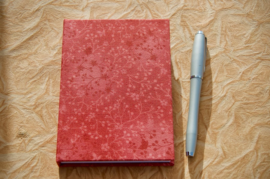 A6 Notebook with full cloth red botanical cover