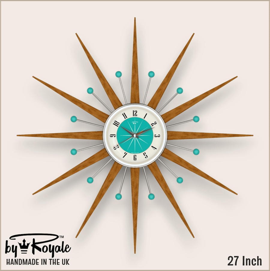 Image of Mid Century Starburst Wall Clock By Royale The Welby in Turquoise - 4 Sizes