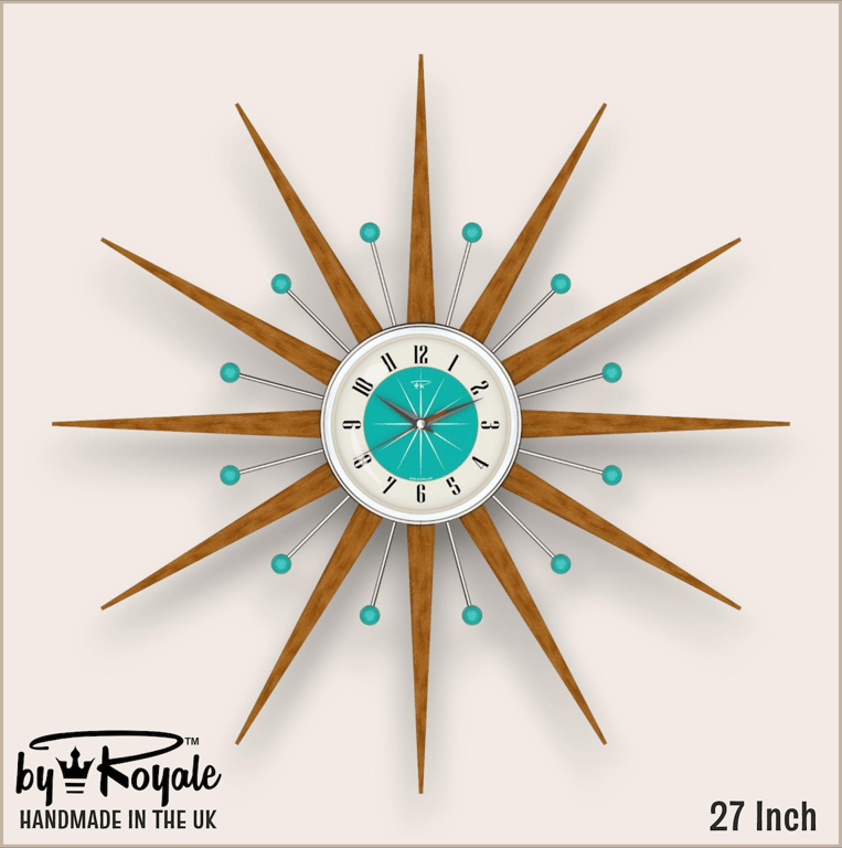 Mid Century Starburst Wall Clock By Royale The Welby in Turquoise - 4 Sizes