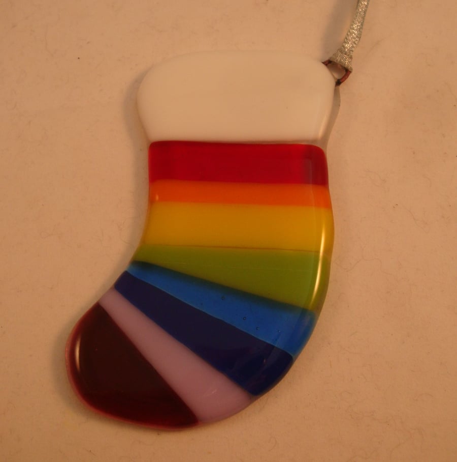 Fused Glass Stocking Christmas Decoration - Rainbow
