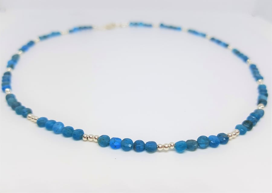 Peacock Apatite Coin Bead Gemstone and Sterling Silver Necklace, Gemstone Jewell