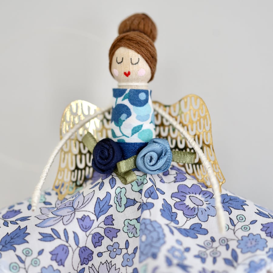 Liberty London 'D'Anjo' Fabric Handmade Peg Doll (Brown hair)