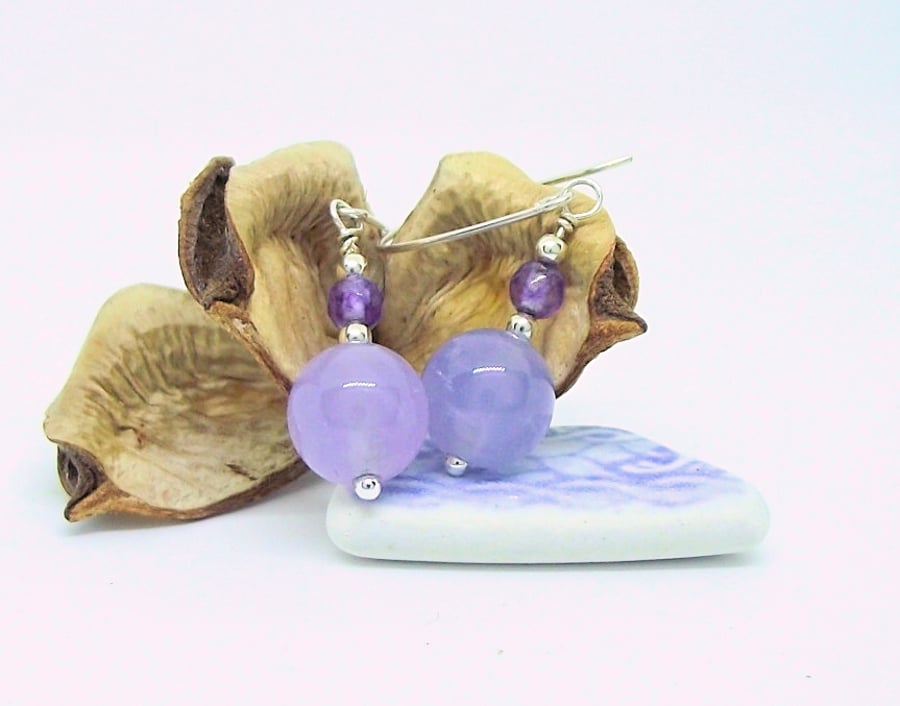 Lilac and purple chalcedony jade earrings
