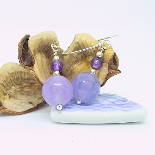 Lilac and purple chalcedony jade earrings