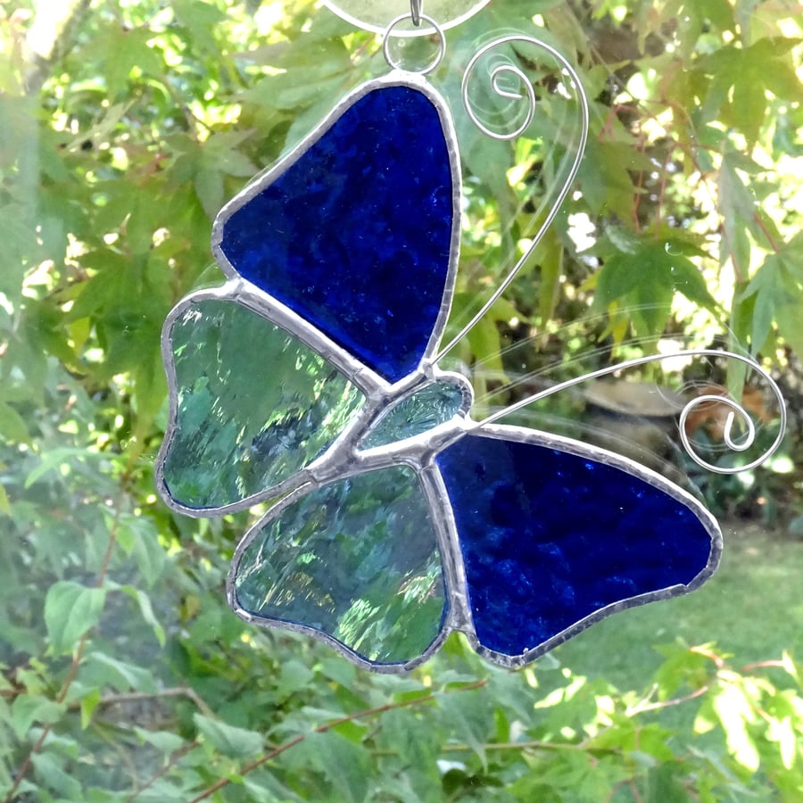 Stained Glass Butterfly Suncatcher - Handmade Decoration - Dark and Pale Blue