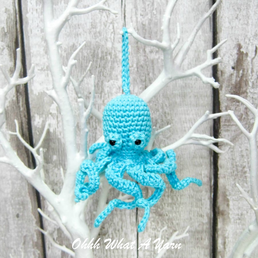 Blue, turquoise crochet octopus hanging decoration, scissor keeper, bag charm