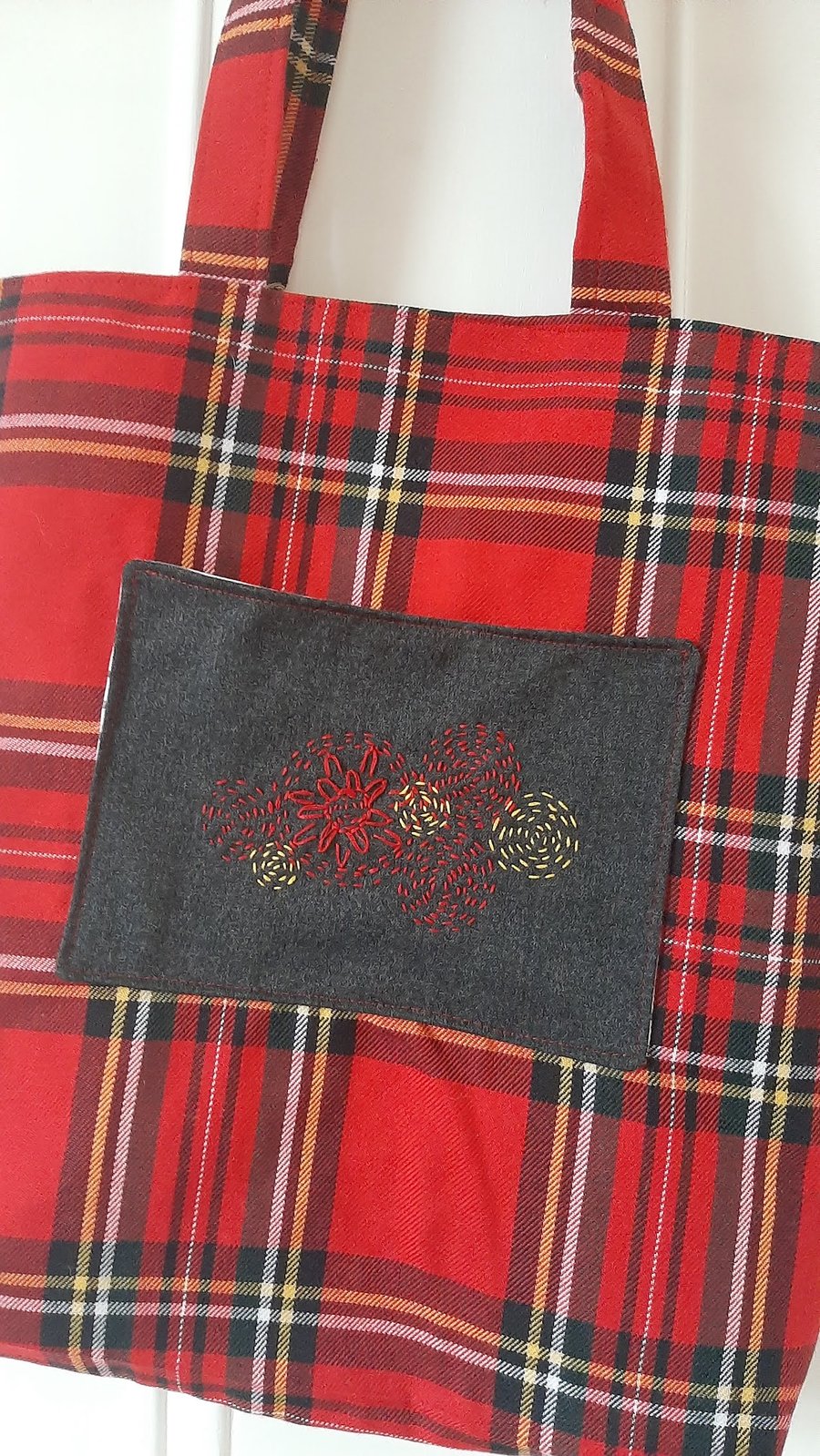 Red Tartan & Embroidered Shopping Bag 