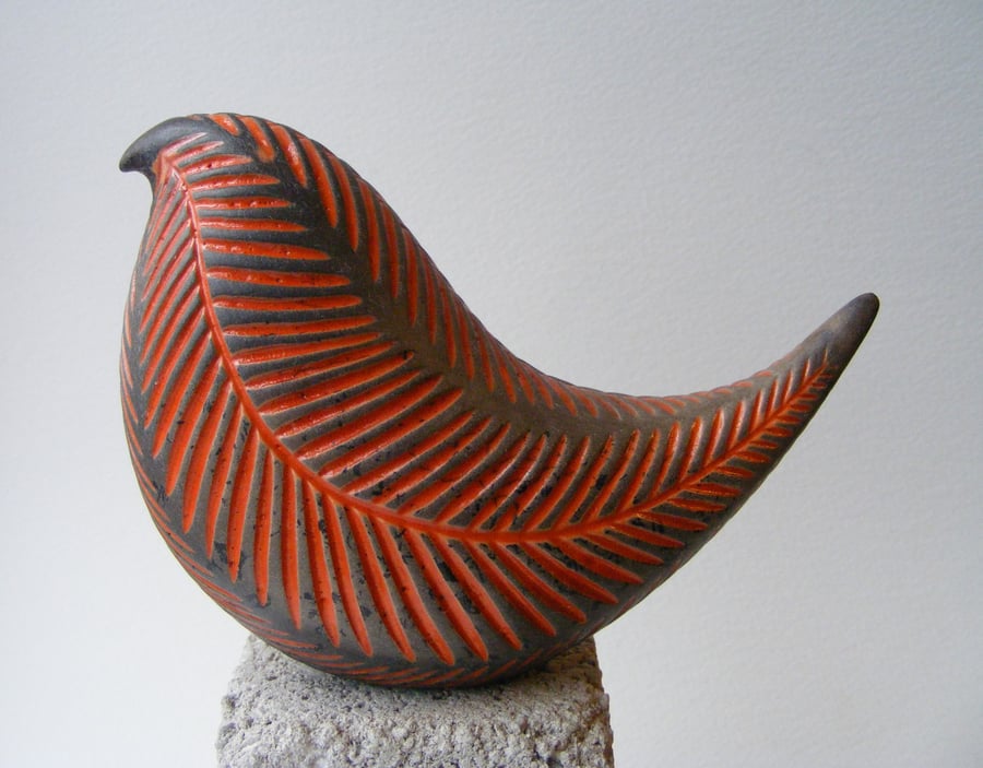 Raku carved bird (D) Orange