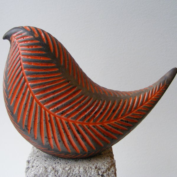 Raku carved bird (D) Orange