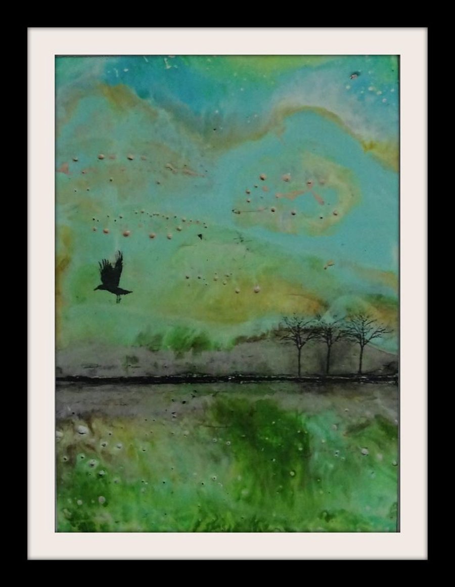 Mounted Giclee Print - Crow - Stylised Landscape - End of Line 