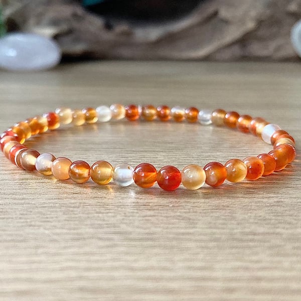 Dainty Carnelian Bracelet, 4mm Tiny Bead Orange Gradient Bracelet