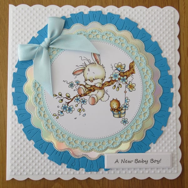 7x7" Baby Bunny on a Branch - New Baby Boy Card