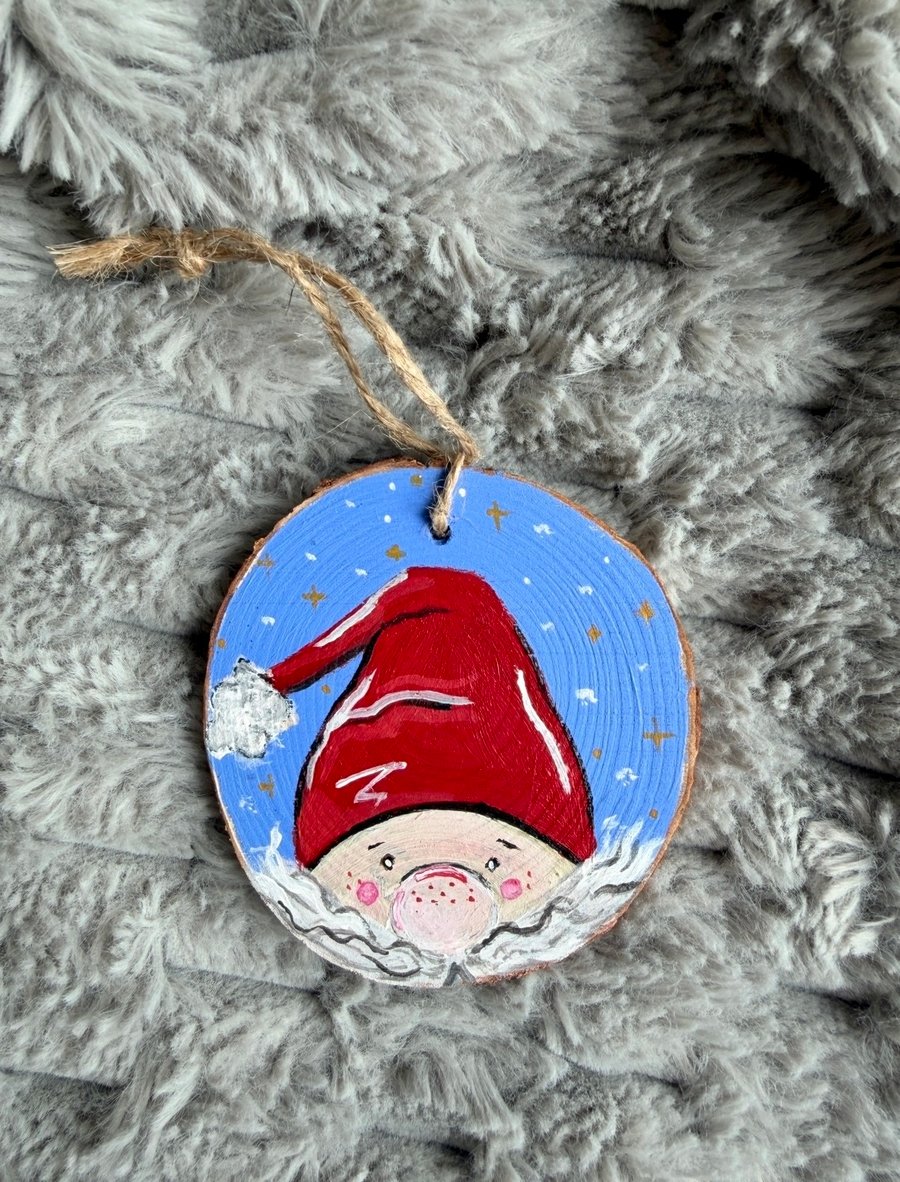 Little Santa, Hand-painted wooden disc, Xmas decoration