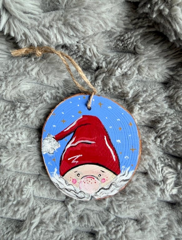 Little Santa, Hand-painted wooden disc, Xmas decoration