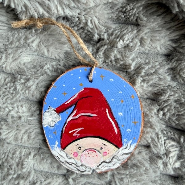 Little Santa, Hand-painted wooden disc, Xmas decoration
