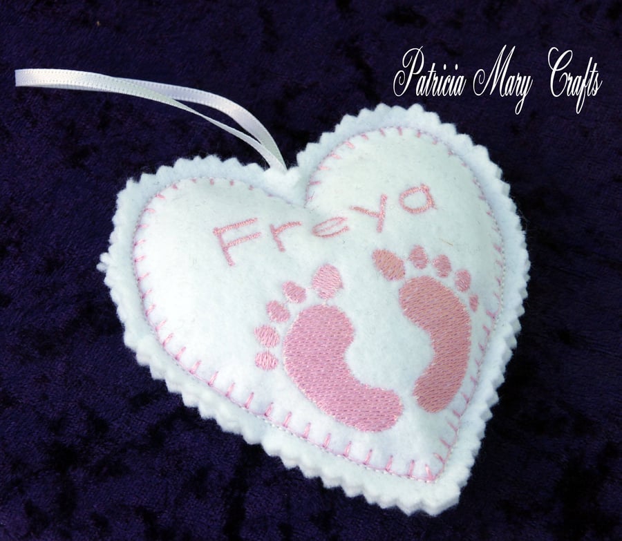 Personalised baby feet heart, embroidered heart, felt heart