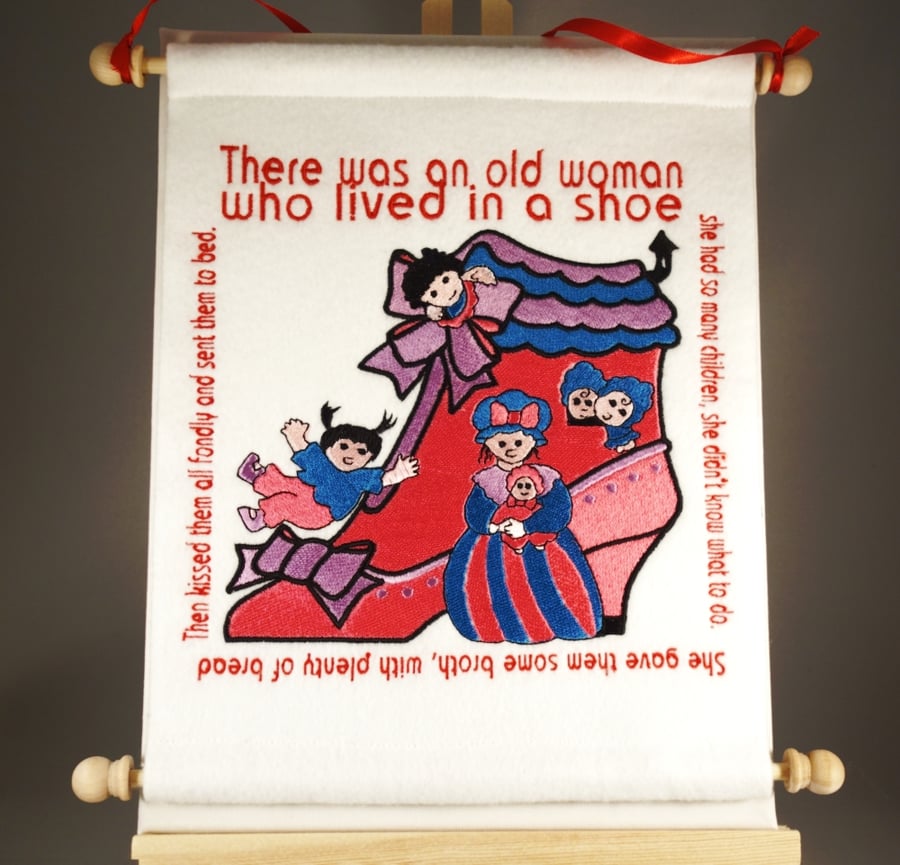 There Was an Old Woman. Hand Crafted, Embroidered Nursery Rhyme Wall Hanger