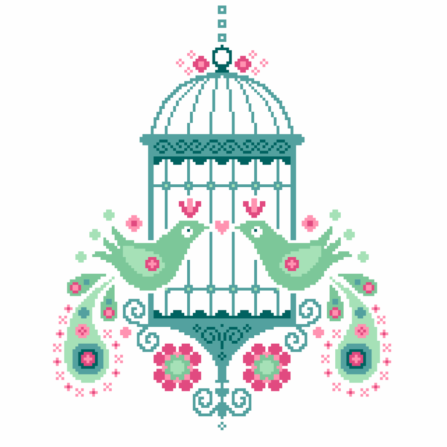 018 Turtle Dove Cross Stitch Pattern Love Birds Birdcage and Flowers (PDF Chart)