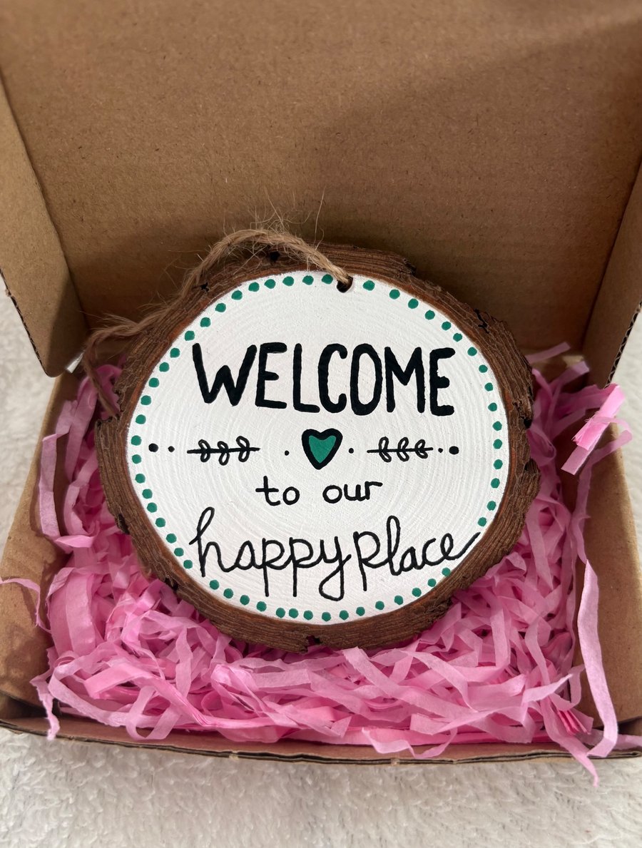 Hand Painted Wooden Welcome Sign - Rustic Wood Slice Hanging Plaque - 