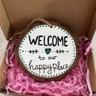 Hand Painted Wooden Welcome Sign - Rustic Wood Slice Hanging Plaque - 