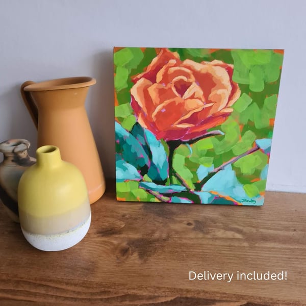 Hand painted orange rose acrylic painting in impressionist style