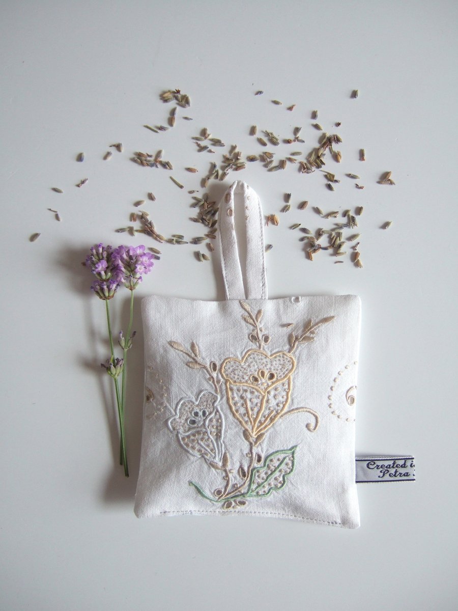 Vintage pastel linen embroidery lavender bag 