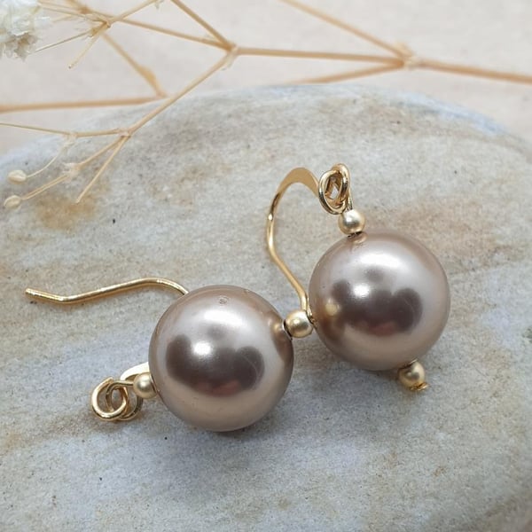 18k gold plated earrings with swarovski 14mm pearl crystal bronze faux pearls