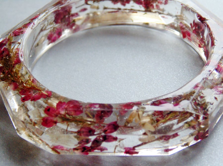 Scottish Purple Heather Bangle, Lucky White Heather Resin Bracelet