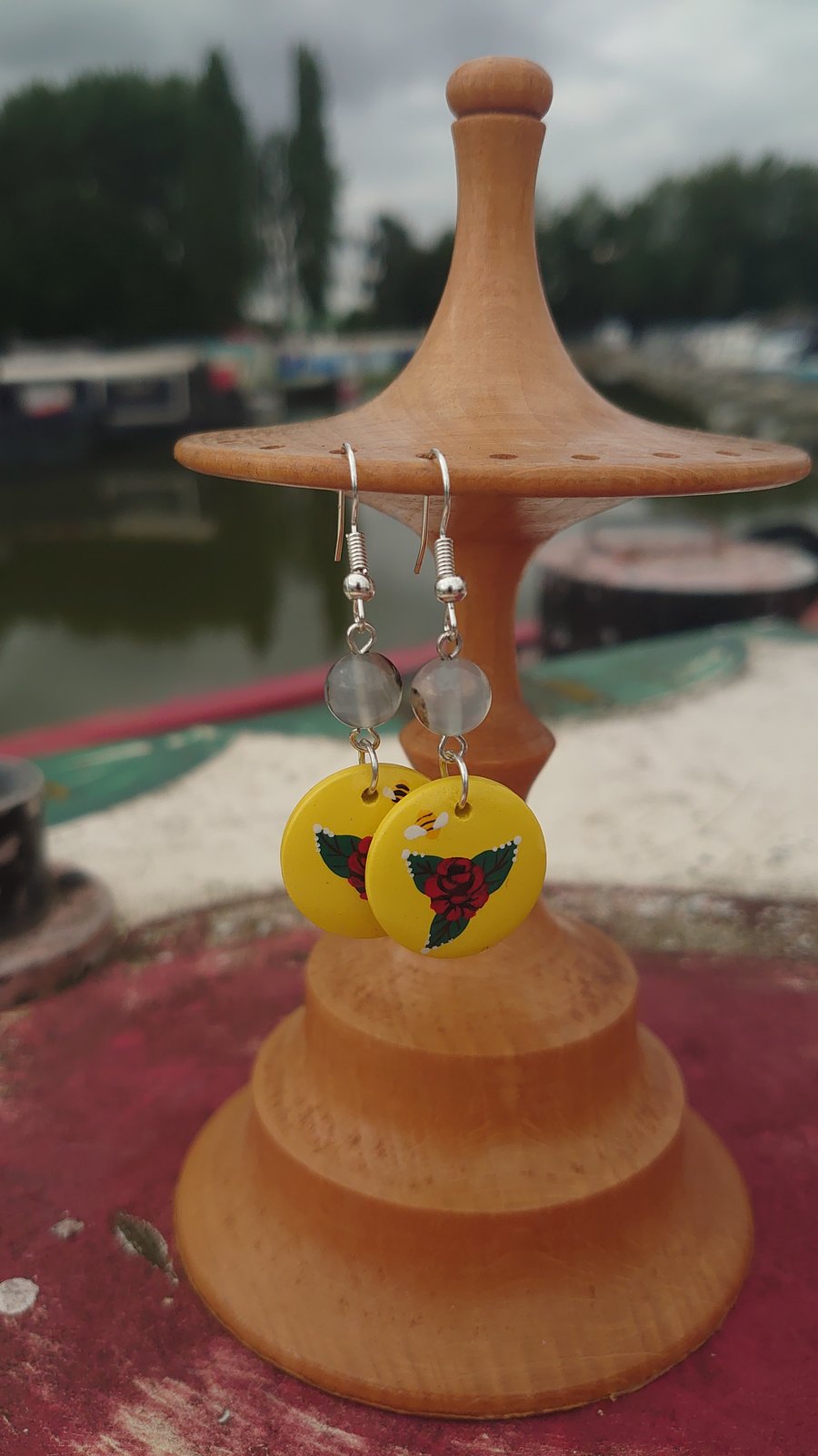 Rose and castle handpainted earrings in yellow