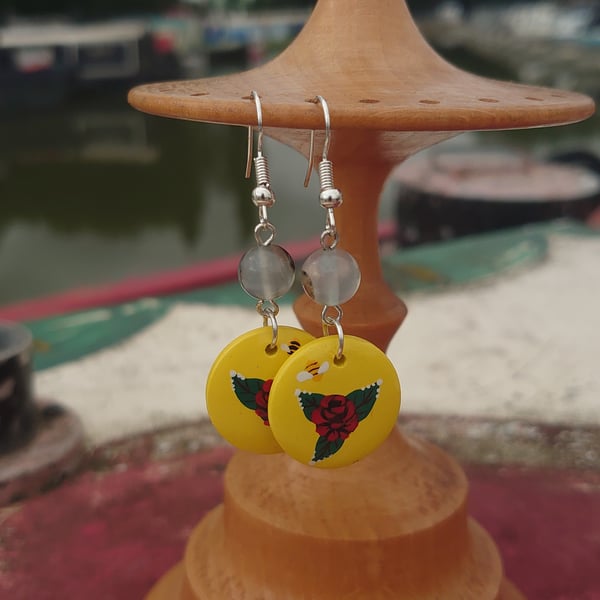 Rose and castle handpainted earrings in yellow