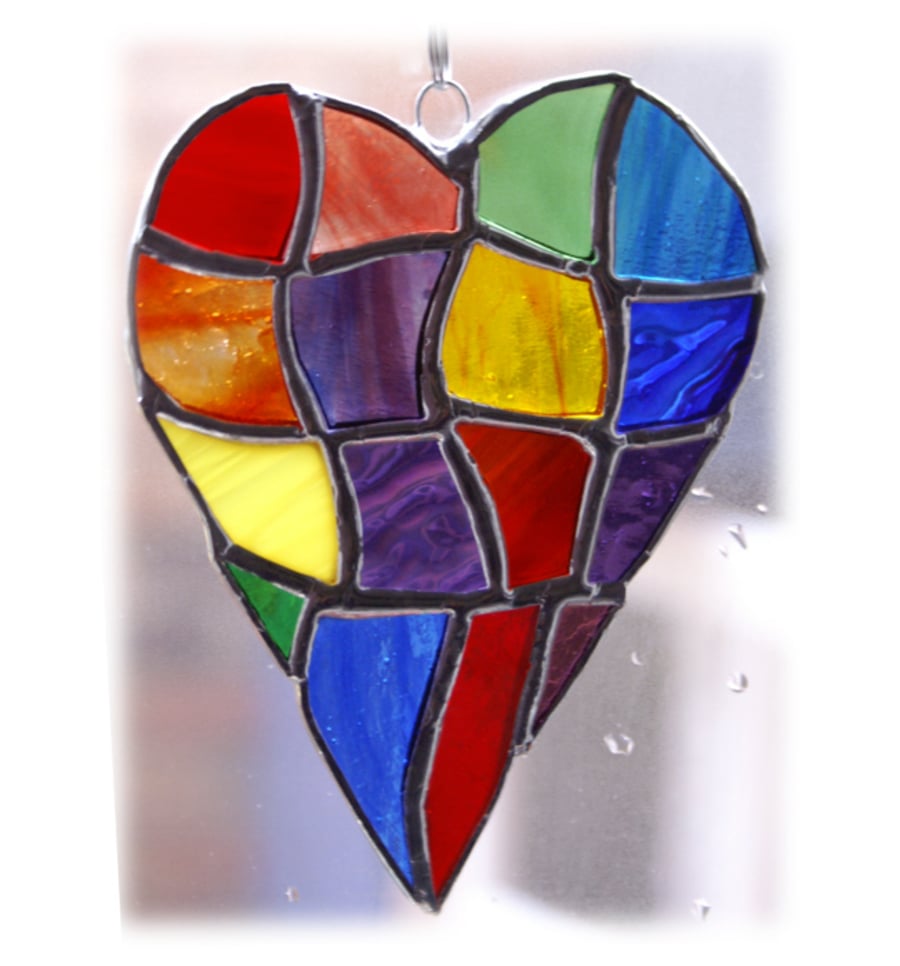 Patchwork Heart Suncatcher Stained Glass Handmade Rainbow