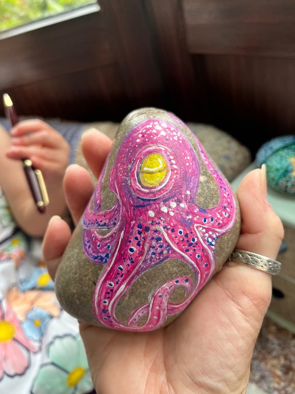Purple Octopus hand painted paperweight stone 