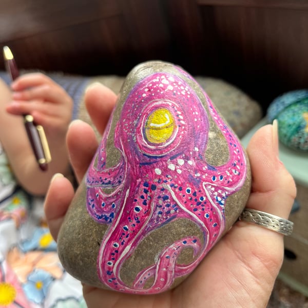 Purple Octopus hand painted paperweight stone 